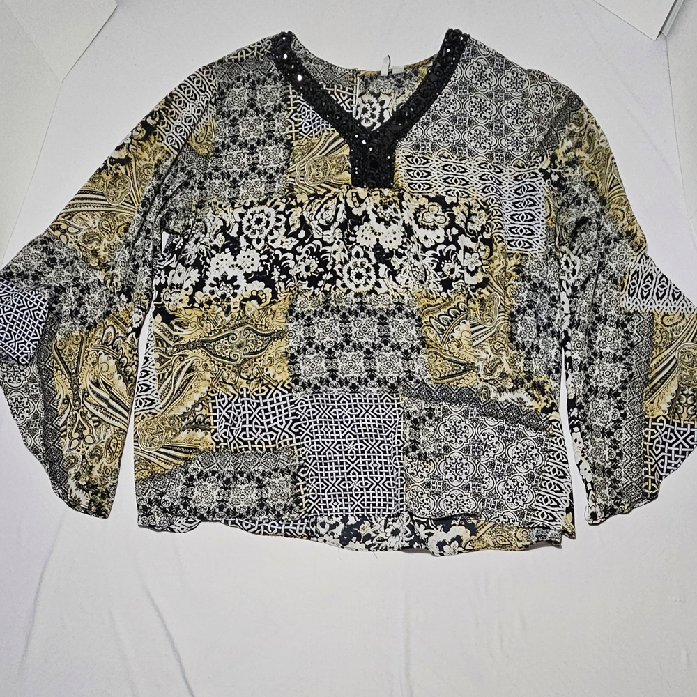 Kim Rogers Womens 26/28W Black Gold Patchwork Blouse With Beaded V Neck